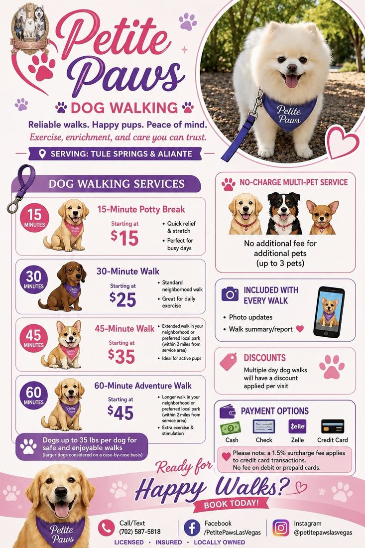 Petite Paws dog walking flyer: 15, 30, 45 and 60 minute walks with starting prices, the no-charge multi-pet policy, photo updates and walk summaries, multi-day discounts and payment options